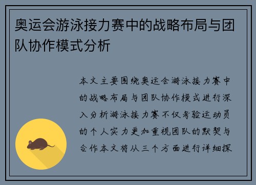 奥运会游泳接力赛中的战略布局与团队协作模式分析